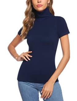 Totatuit Rollkragenshirt Damen T-Shirt Kurzarm Rollkragenpullover Basic Stehkragen Top Stretch Rollishirt für Freizeit Navy Blau L von Totatuit