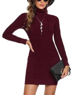 Totatuit Strickkleid Damen Pullover Rollkragen Pullikleid Langarm Pulloverkleid Freizeit Winterkleid Weich Midikleid für Frühling Herbst Winter Rotwein M von Totatuit