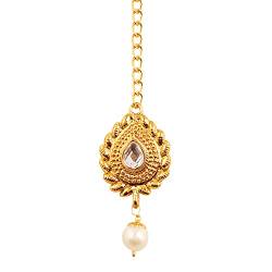 Ethnischer und hübscher Designer-Schmuck von Touchstone, Mangtika, verziert mit Kundan-Polki-Look und Kunstperlen, mit wunderschöner Kette für Damen in Gold von Touchstone