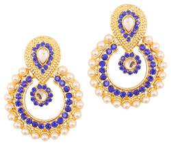 Touchstone Chandbali Mond Kundan Polki Kunstperlen und blauen Saphir Rhein lange Braut Designer Schmuck Ohrringe für Damen Blau von Touchstone