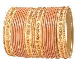 Touchstone Indische Bollywood „Colorful 2 Dozen Armreif Collection“ Golden Glitters Textured Pfirsichfarben Großes Designer-Schmuck-Armband-Set mit 24 Stück in Goldton für Frauen. von Touchstone