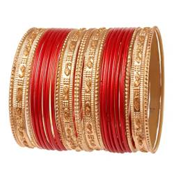 Touchstone Indische Bollywood „Colorful 2 Dozen Bangle Collection“ Golden Glitters texturierte rote Farbe Designer-Schmuck spezielle Armreifen Armbänder Set von 24 in Gold Tone für Frauen. von Touchstone