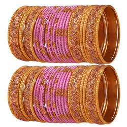 Touchstone Indische Bollywood Glamourous Mode Handgelenk, die Schimmernde goldene Glitzer strukturierte rosa Farbdesigner Schmuck Armbänder Armreif Chura. Satz von 48 in Goldton für Frauen. von Touchstone