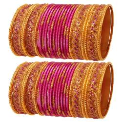 Touchstone NEU Indischer Bollywood-Glamour-Mode-Armreif für das Handgelenk, goldene Glitzer, strukturierte Fuchsia-Farbe, Designer-Schmuckarmbänder, Armreif Chura. 48er-Set in Goldton für Damen. von Touchstone