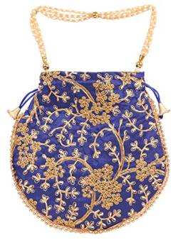 Touchstone NEW Traditional Indian Hand Embroidered Floral Motif Shopping Gifts Jewelry Wedding Sweet Distribution Faux Pearls Strings Drawstring Fancy Royal Blue Color Bag For Women. von Touchstone