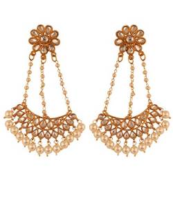 Touchstone Royal Mughal schöne lange Chaanbaali Kundan Look Faux Perlen Designer Schmuck Ohrringe für Damen Perle von Touchstone