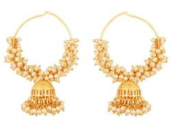 Touchstone Traditionelle indische Bollywood-Ohrringe aus dünnem Draht, elegante und Designer-Bali-Jhumki-Ohrringe mit Bündeln von Kunstperlen für Frauen in Goldton von Touchstone