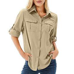 Toumett Damen UPF 50 Langarm UV Sonnenschutz Safari Shirts Outdoor Schnell trocknend Angeln Wandern Reisen Shirts, Khaki, Klein von Toumett