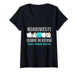 Damen Tourette-Syndrom Neurodiversität Celebrate the Spectrum Cat T-Shirt mit V-Ausschnitt von Tourette Syndrome Shirts For Kids Women And Men