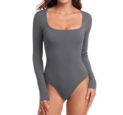 TownCat Damen Langarm Bodysuit Tops mit Dehnbar eckiger Ausschnitt Yoga Top Bauchweg Formende Shaping Bodies Elegant Sport von TownCat