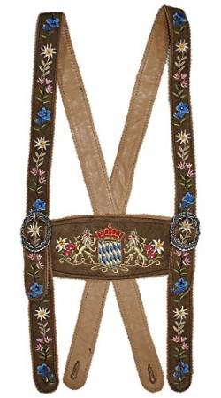 Hosenträger Bayernträger Lederhose Werdenfelser-Träger bestickt echt Leder Bayern-Wappen Edelweiß erstklassiges Wildbockleder braun dunkelbraun schwarz Lederhosenträger, Größe:L, Farbe:hellbraun von Trachten Mayr