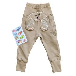 Baby Pumphose Jogginghose Babyhose in Lederhosen Stil Tracht mit schönen Stickereien, inkl. Auto Sticker in Größe 98/104 von Trachterbahn