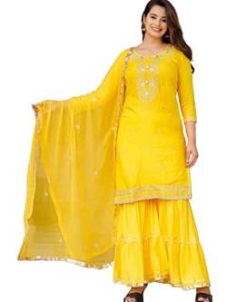 Traditional Jaipur Damen Baumwolle Elegant Blumenmuster Kurti mit Designed Work Langes Kleid Party Wear Kleid (MEDIUM, Yellow) von Traditional Jaipur