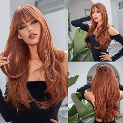 Auburn Blonde Wigs for Women - Long Straight Layered Curly Wigs with Air Bangs Orange Light Brown Wigs Natural Synthetic Hheat Resistant Fiber Wigs for Everyday/Party/Cosplay, 66 cm von Transplant