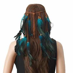 Böhmische Feder Stirnband Indische Kopfschmuck Elastische Hippie Feder Kopfbedeckung mit Feder Lange Quaste Hanfseil für Festival 70er Jahre Kostüm Zubehör (Blau) von Transplant