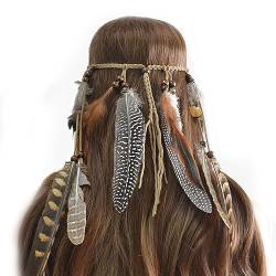 Böhmische Feder Stirnband Indische Kopfschmuck Elastische Hippie Feder Kopfbedeckung mit Feder Lange Quaste Hanfseil für Festival 70er Jahre Kostüm Zubehör (Braun) von Transplant