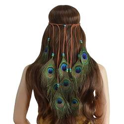 Böhmische Feder Stirnband Indische Kopfschmuck Elastische Hippie Feder Kopfbedeckung mit Feder Lange Quaste Hanfseil für Festival 70er Jahre Kostüm Zubehör (Grün) von Transplant