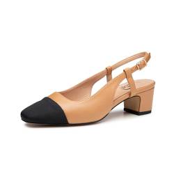 Trary Damen Chunky Slingback Pumps Bequeme Low Block Heels Spleißen Square Toe Slip On Pumps Schuhe für Büro Arbeit Hochzeit, Helles Braun, 38 EU von Trary