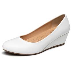 Trary Damen-Pumps mit Keilabsatz, runde Zehen, mittelhohe Absätze, bequem, geschlossene Zehen, elegante Schuhe, Damen-Pumps, Keilschuhe für Hochzeit, Arbeit, Büro, Party, Polyurethan Weiß, 40.5 EU von Trary