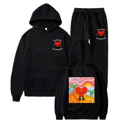 Trconk Sportbekleidung Bad Bunny Doppelseitiger Druck Kapuzenpullover Satz Unisex Trend Straße Hip Hop Sweatshirt Set Männer Frauen Kapuzenpulli + Jogger Hosen Satz-Black||S von Trconk