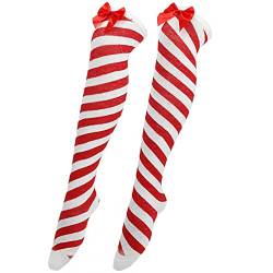 Streifen Kniestrümpfe Elastisch Overknee Strümpfe Weihnachten Schleife Oberschenkel Hohe Lange Strümpfe Überkniestrümpfe Weihnachten Cosplay Party Kostüme Socken Kniehohe Socks (Red-A, One Size) von Treadyouth