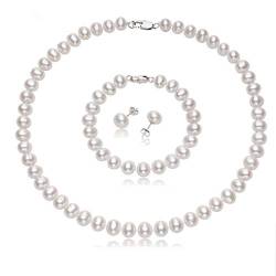 Treasure Bay Damen-Halsketten-Ohrringe, Perlen-Set, elegant, klassisch, 7 mm, Süßwasserperlen, Schmuckset für Frauen mit Sterling-Silber-Verschluss, Perle, Perle von Treasure Bay