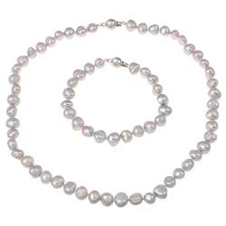 Damen Perlen Halskette, Armband und Ohrringe Set | Aussagekräftiges 7-8mm graues Barockperlen Perlen Schmuckset für Frauen von Treasure Bay