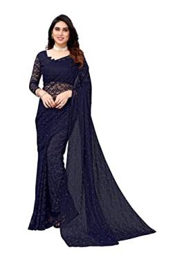 TreegoArt Fashion Damen-Partykleidung, florales Design, indische Saree-Perlen, Netz-Sari mit nicht genähtem Blusenstück -(ABIRA NAVY von TreegoArt Fashion