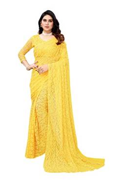 TreegoArt Fashion Damen-Partykleidung, florales Design, indische Saree-Perlen, Netz-Sari mit nicht genähtem Blusenstück -(ABIRA YELLOW) von TreegoArt Fashion