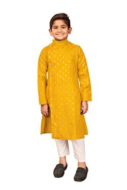 TreegoArt Modisches Kurta-Pyjama-Set aus Reiner Baumwolle für Kinder, Foliendruck, Butti und Tasche mit Knopf für Jungen (Squirrel505-Yellow-30) von TreegoArt Fashion