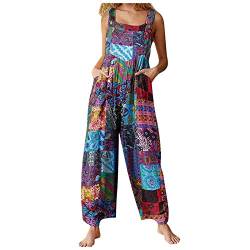 Damen Frauen Latzhose Beiläufig, Treer Sommer Eleganter Lose Lange Jumpsuit mit Tasche Retro Patchwork Baumwolle Leinen Strampler Overall Rompers Wide Leg Hosen Romper Playsuit (Blau,L) von Treer-shop