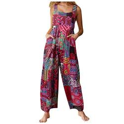 Damen Frauen Latzhose Beiläufig, Treer Sommer Eleganter Lose Lange Jumpsuit mit Tasche Retro Patchwork Baumwolle Leinen Strampler Overall Rompers Wide Leg Hosen Romper Playsuit (Rot,XXL) von Treer-shop