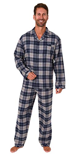 Herren Flanell Pyjama Schlafanzug Langarm zum durchknöpfen - 291 101 15 537, Farbe:Marine, Größe:48 von Trend by Normann