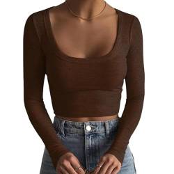 TrendiMax Damen Langarmshirt Crop Tops Basic T-Shirt Slim Fit Sexy Oberteile Casual Rundhals Tee Shirt Bauchfrei Langarm Pullover, Dunkelkaffee, L von TrendiMax