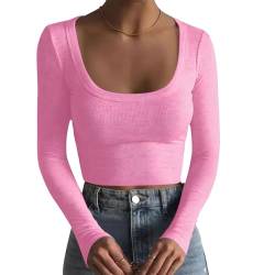 TrendiMax Damen Langarmshirt Crop Tops Basic T-Shirt Slim Fit Sexy Oberteile Casual Rundhals Tee Shirt Bauchfrei Langarm Pullover, Roserot, M von TrendiMax