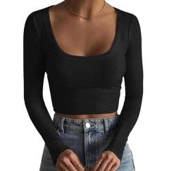 TrendiMax Damen Langarmshirt Crop Tops Basic T-Shirt Slim Fit Sexy Oberteile Casual Rundhals Tee Shirt Bauchfrei Langarm Pullover, Schwarz, S von TrendiMax