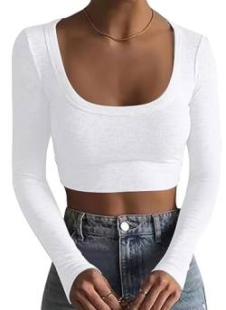 TrendiMax Damen Langarmshirt Crop Tops Basic T-Shirt Slim Fit Sexy Oberteile Casual Rundhals Tee Shirt Bauchfrei Langarm Pullover, Weiß, S von TrendiMax