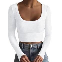 TrendiMax Damen Langarmshirt Crop Tops Basic T-Shirt Slim Fit Sexy Oberteile Casual Rundhals Tee Shirt Bauchfrei Langarm Pullover, Weiß, XL von TrendiMax