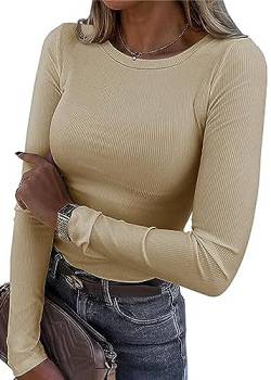 TrendiMax Damen Langarmshirt Rundhals Stretch Pullover Elegant Langarm Oberteile Hemd Tshirts Basic Tops, Aprikose, M von TrendiMax