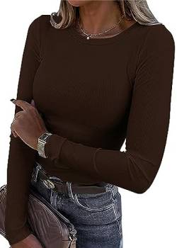 TrendiMax Damen Langarmshirt Rundhals Stretch Pullover Elegant Langarm Oberteile Hemd Tshirts Basic Tops, Dunkelkaffee, L von TrendiMax