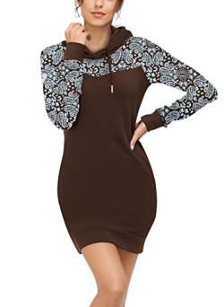 TrendiMax Damen Sweatshirt Langarm Hoodie Kleid Pulloverkleid Rollkragen Sweatkleid Kapuzenpulli Lange Tops, Dunkelkoffee Blumen, XL von TrendiMax