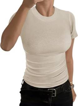 TrendiMax Damen T-Shirt Gerippt Slim Fit Basic Tee Shirts Rundhals Kurzarm Sommer Tshirt Casual Oberteile Bluse Tops (L, Aprikose) von TrendiMax