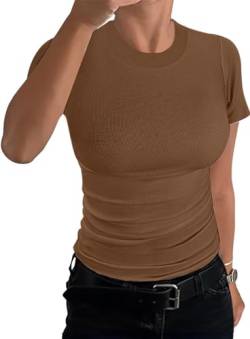 TrendiMax Damen T-Shirt Gerippt Slim Fit Basic Tee Shirts Rundhals Kurzarm Sommer Tshirt Casual Oberteile Bluse Tops (L, Dunkelkaffee) von TrendiMax