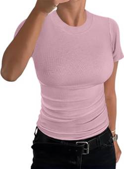 TrendiMax Damen T-Shirt Gerippt Slim Fit Basic Tee Shirts Rundhals Kurzarm Sommer Tshirt Casual Oberteile Bluse Tops (L, Rosa) von TrendiMax