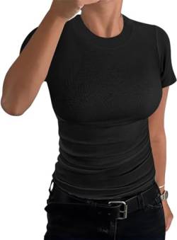 TrendiMax Damen T-Shirt Gerippt Slim Fit Basic Tee Shirts Rundhals Kurzarm Sommer Tshirt Casual Oberteile Bluse Tops (S, Schwarz) von TrendiMax