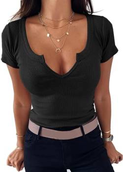 TrendiMax Damen T-Shirt Gerippt Slim Fit Basic Tee Shirts V Ausschnitt Kurzarm Sommer Tshirt Casual Oberteile Bluse Tops (M, Schwarz) von TrendiMax