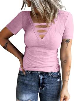 TrendiMax Damen T-Shirt Gerippt Slim Fit Basic Tee Shirts V Ausschnitt Kurzarm Sommer Tshirt Casual Oberteile Bluse Tops Criss Cross (S, Rosa) von TrendiMax