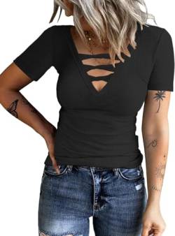 TrendiMax Damen T-Shirt Gerippt Slim Fit Basic Tee Shirts V Ausschnitt Kurzarm Sommer Tshirt Casual Oberteile Bluse Tops Criss Cross (S, Schwarz) von TrendiMax