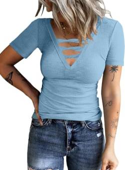 TrendiMax Damen T-Shirt Gerippt Slim Fit Basic Tee Shirts V Ausschnitt Kurzarm Sommer Tshirt Casual Oberteile Bluse Tops Criss Cross (XL, Blau) von TrendiMax