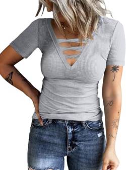 TrendiMax Damen T-Shirt Gerippt Slim Fit Basic Tee Shirts V Ausschnitt Kurzarm Sommer Tshirt Casual Oberteile Bluse Tops Criss Cross (XL, Grau) von TrendiMax